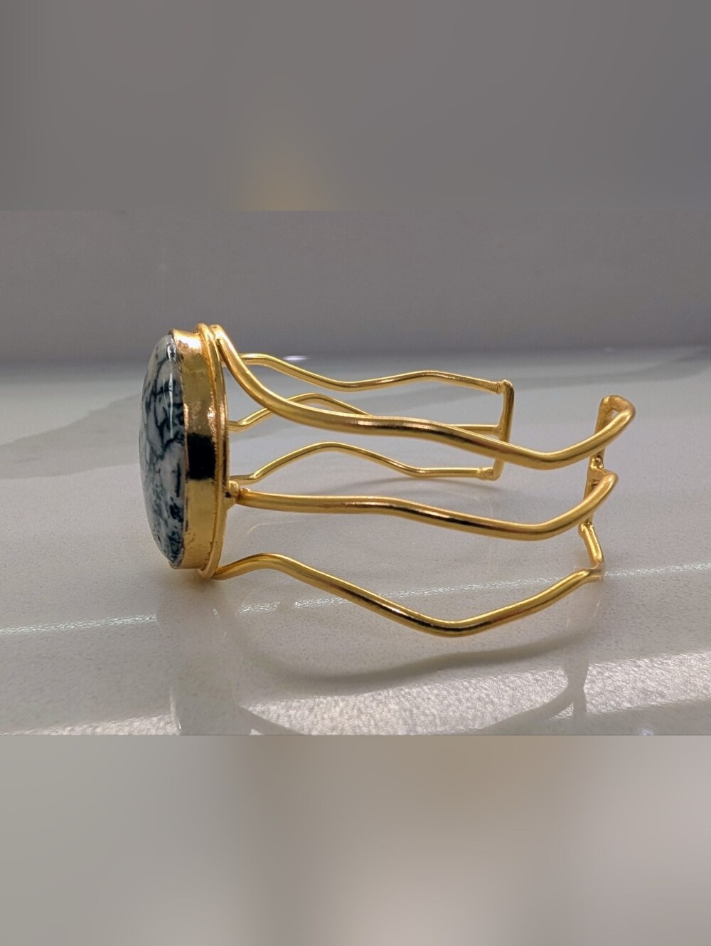 Gold-Tone Cuff Bracelet with Black & White Marbled Stone - Picture 2 of 4